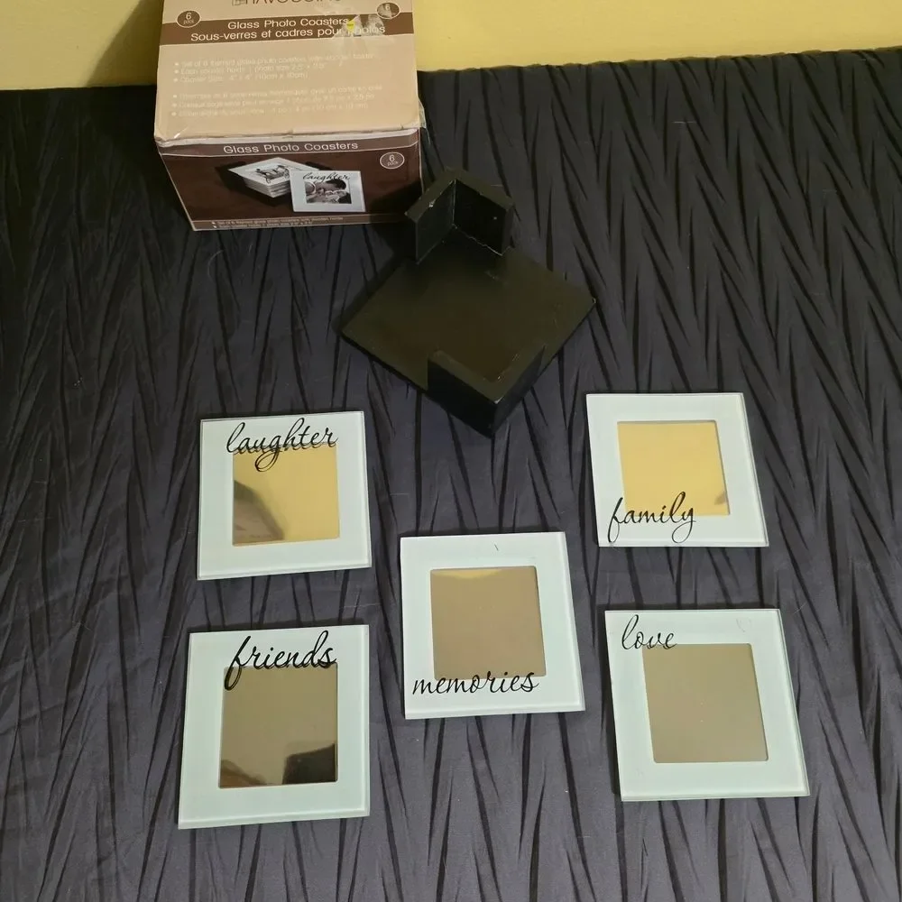 Havocgifts Elegant Glass Photo Coasters with Holder. 5 Coasters